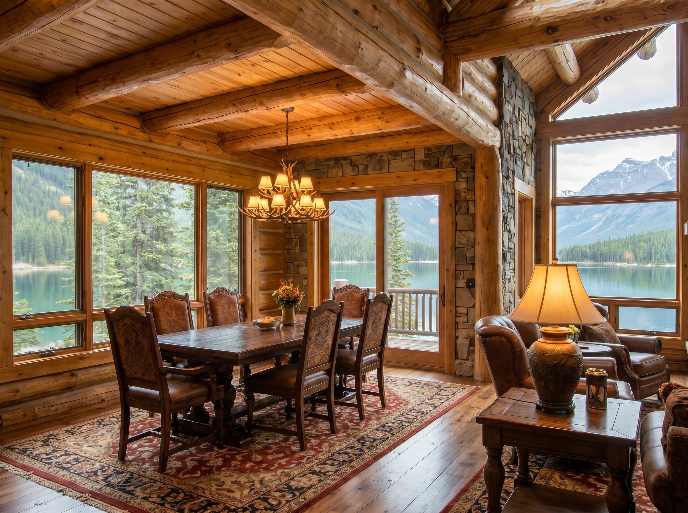 Dining area with a long timber table and chairs beneath lodge beams