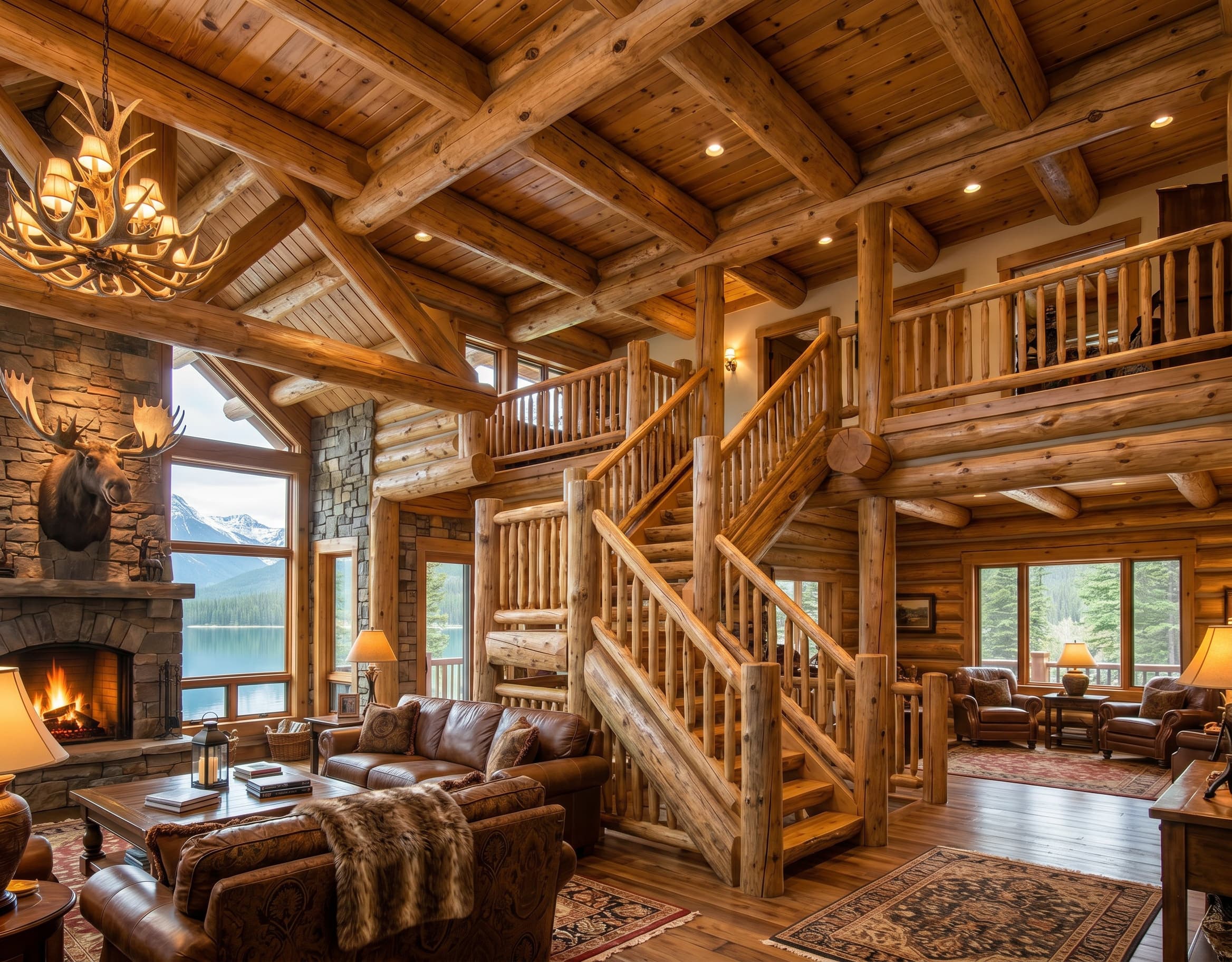 Great Room staircase hub with timber stairs, leather seating, and the stone hearth