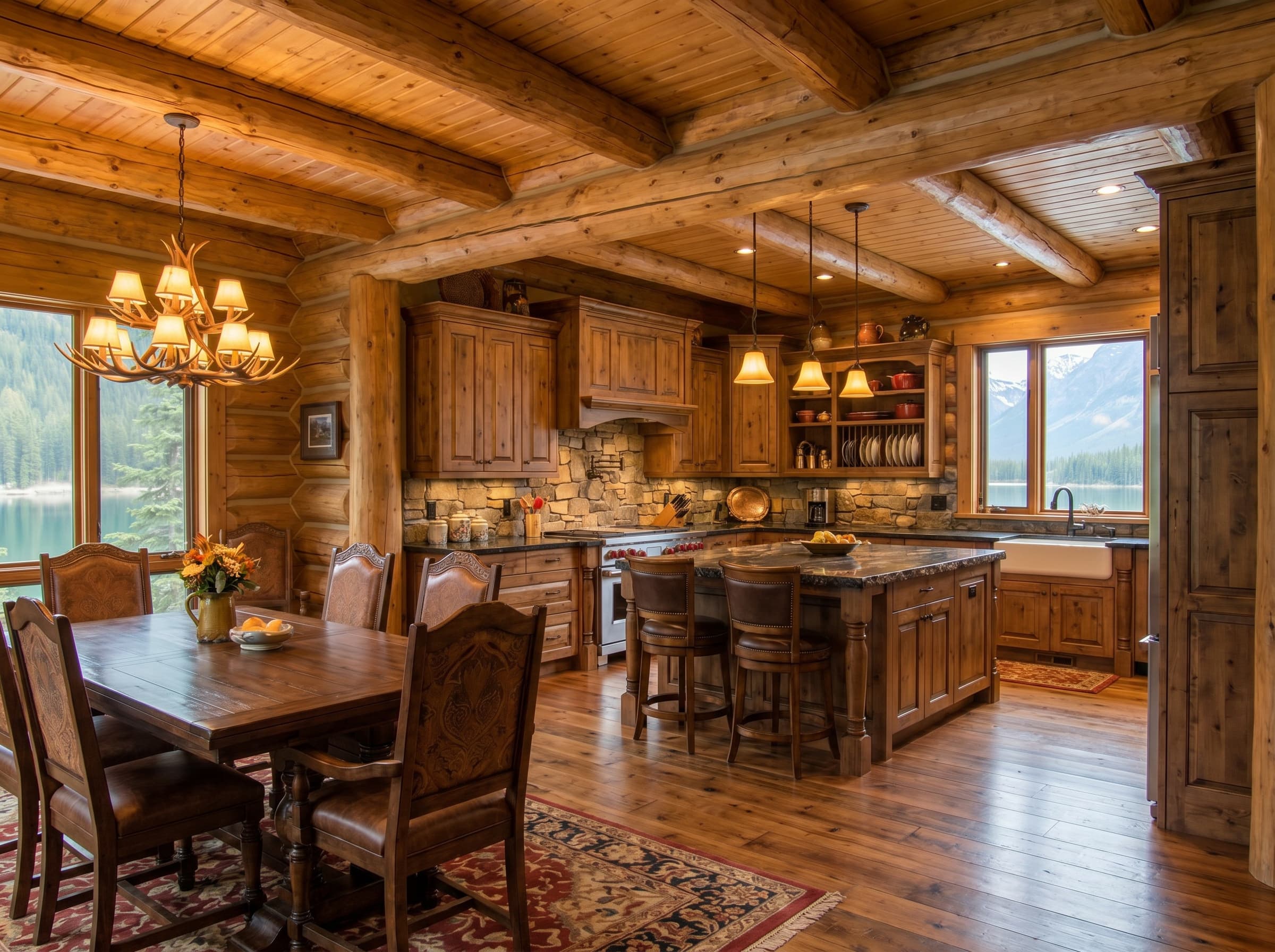Wide lodge kitchen with timber cabinetry, stone surfaces, and central island