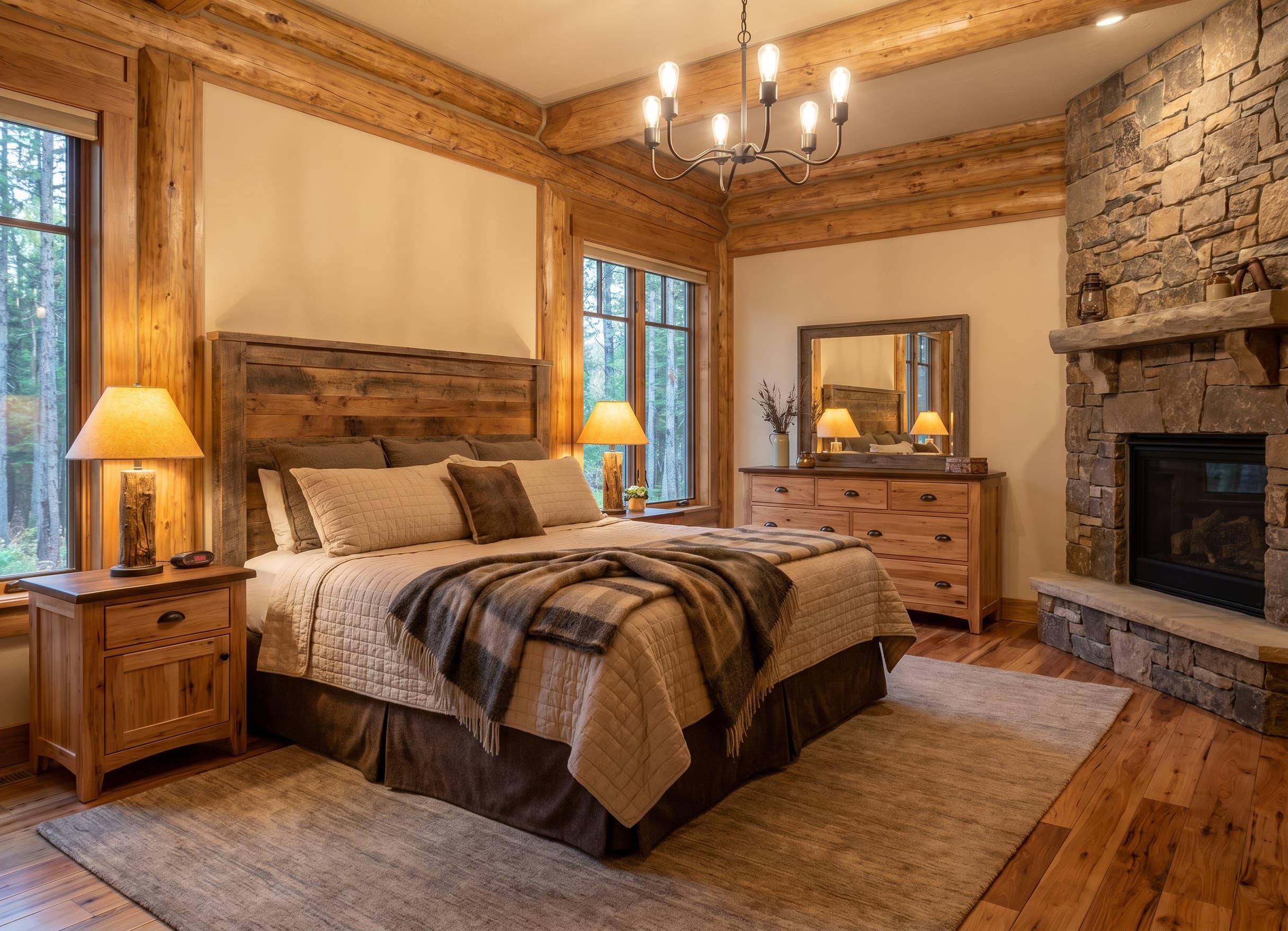 Downstairs Master Bedroom with a timber bed, nightstands, dresser, and stone fireplace