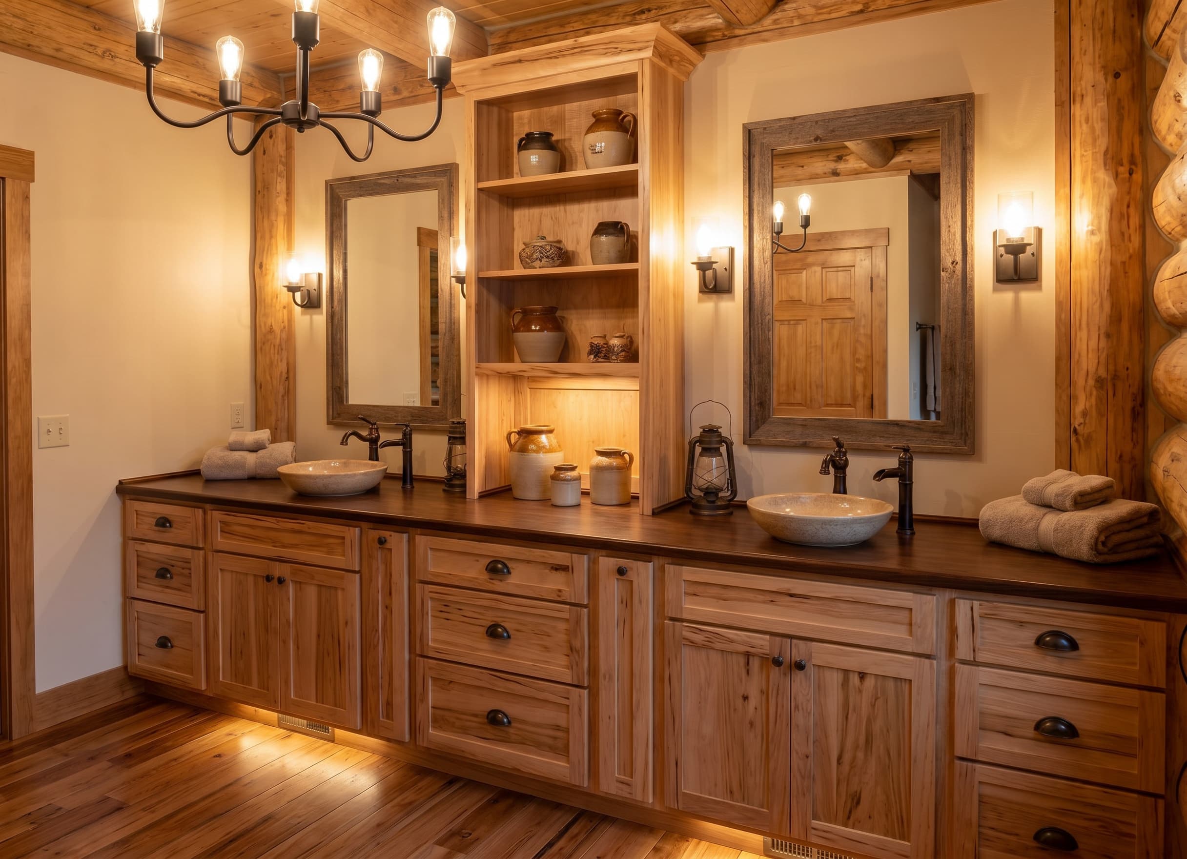 Downstairs Master Bathroom with a long double timber vanity, vessel sinks, mirrors, and open display storage