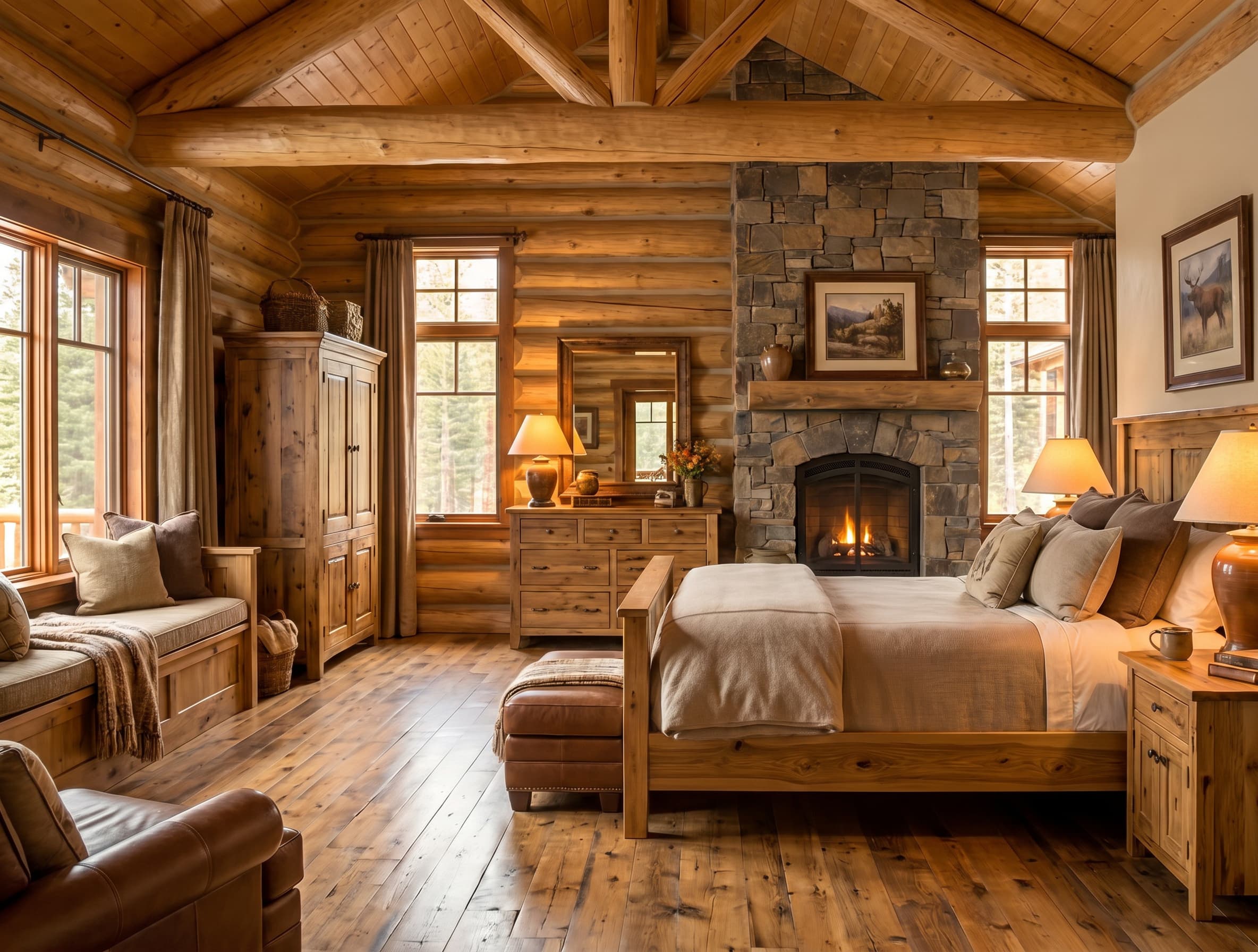 Upstairs Master Bedroom with a timber bed, stone fireplace, dresser, wardrobe, and window seating