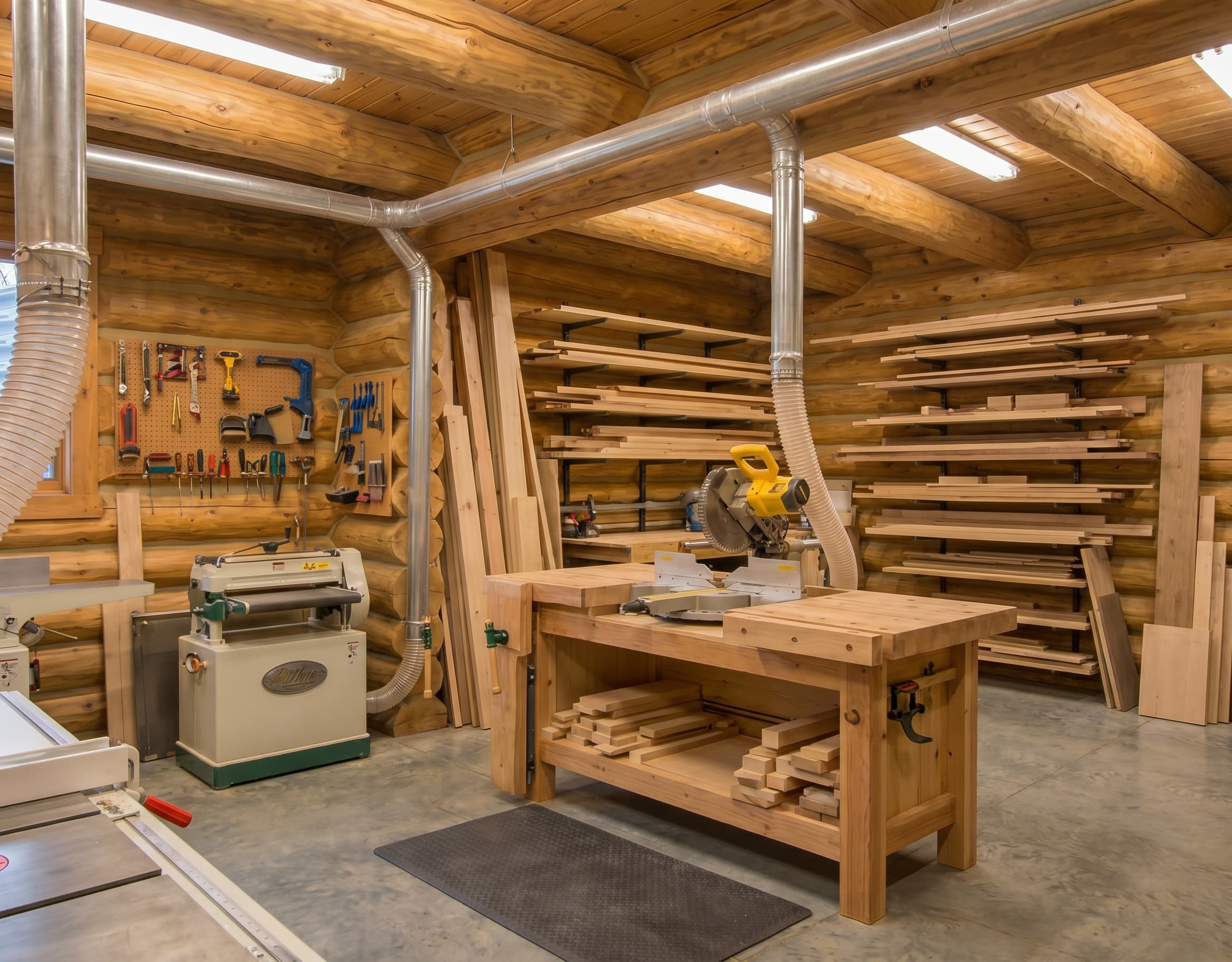 Working woodshop with stacked lumber, timber workbench, tools, and machinery