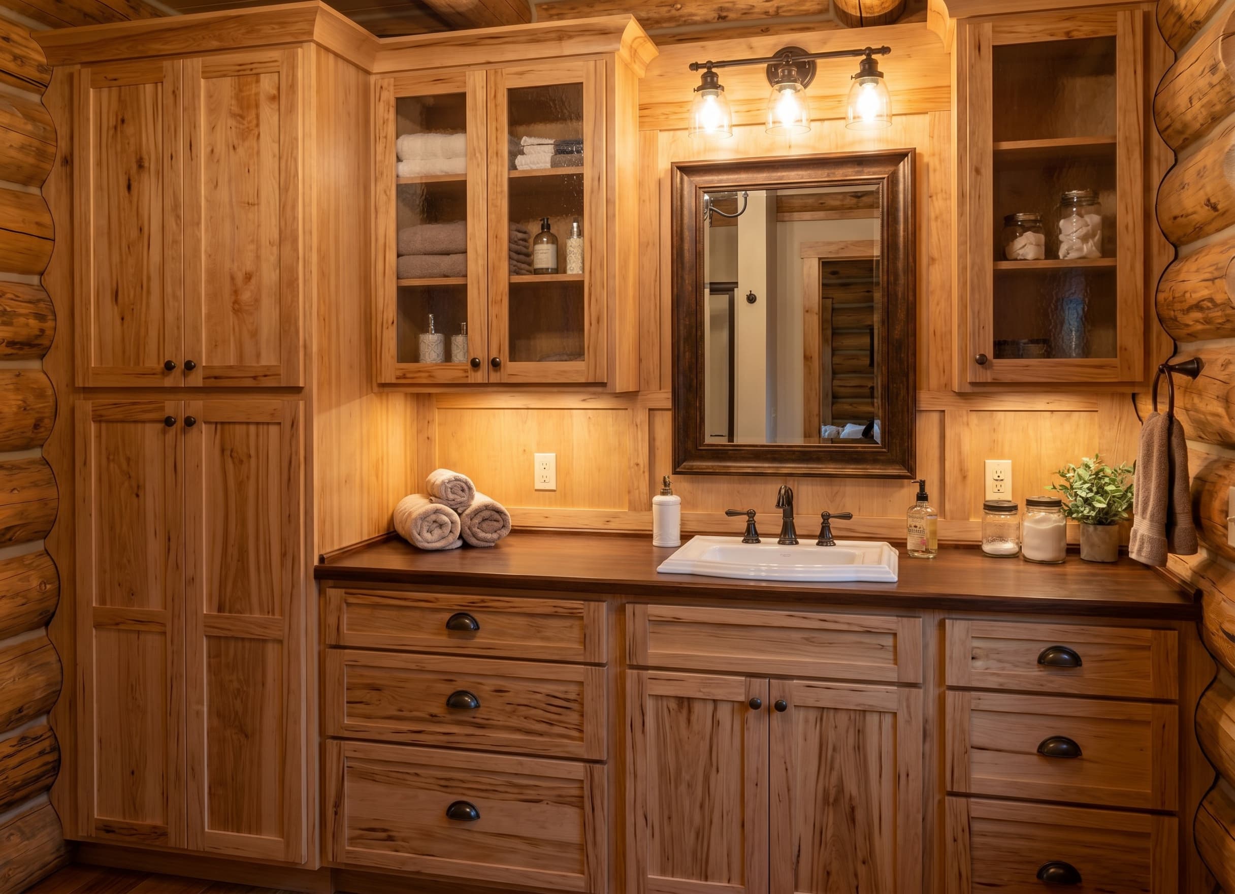 Guest bathroom vanity with timber cabinetry and linen storage