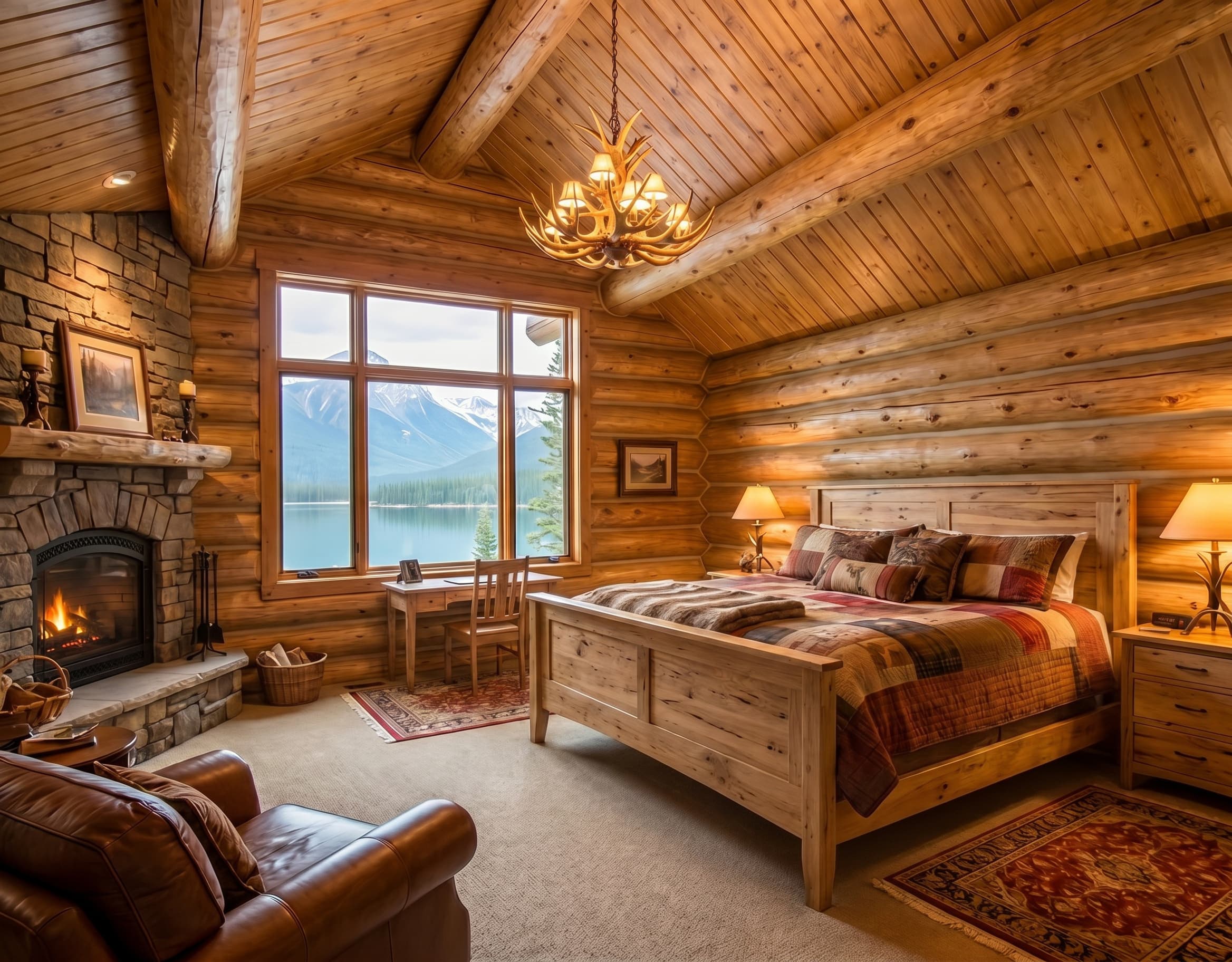 Guest bedroom with timber bed, stone fireplace, seating, and a mountain view