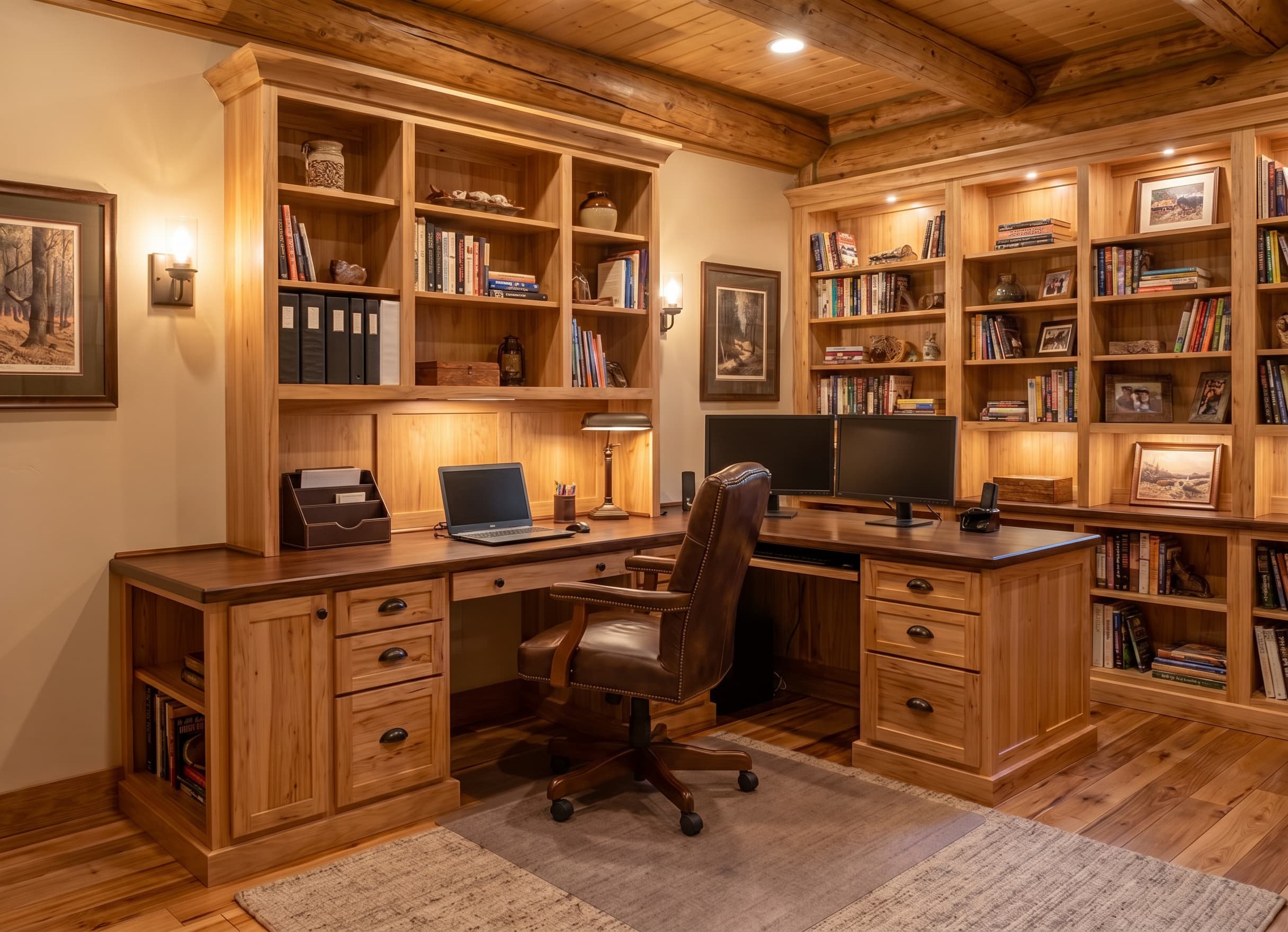 Downstairs library with a built-in timber desk, extensive illuminated bookshelves, and a leather chair
