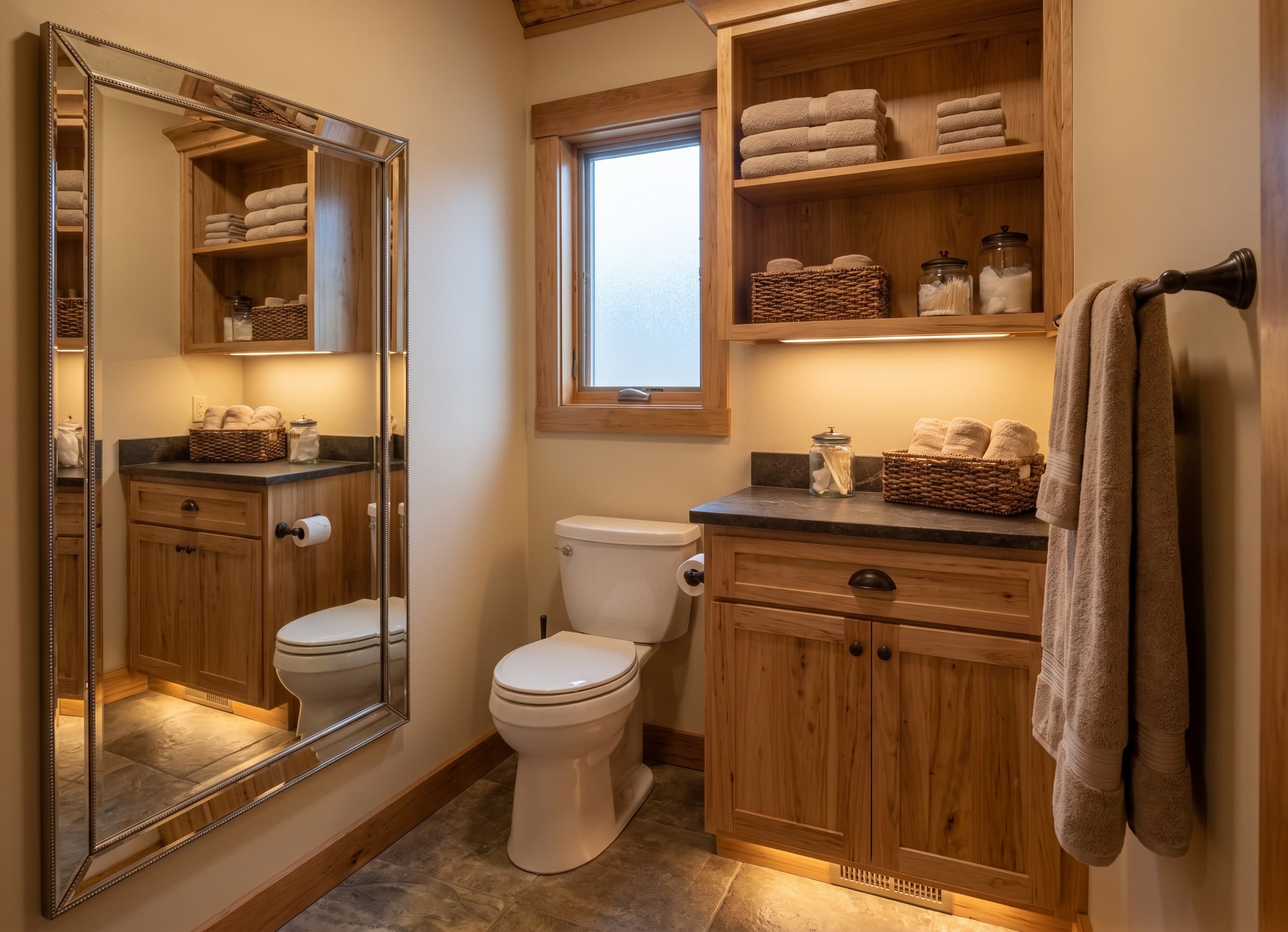 Enclosed downstairs Master Water Closet with a toilet, timber cabinet, mirror, and frosted window