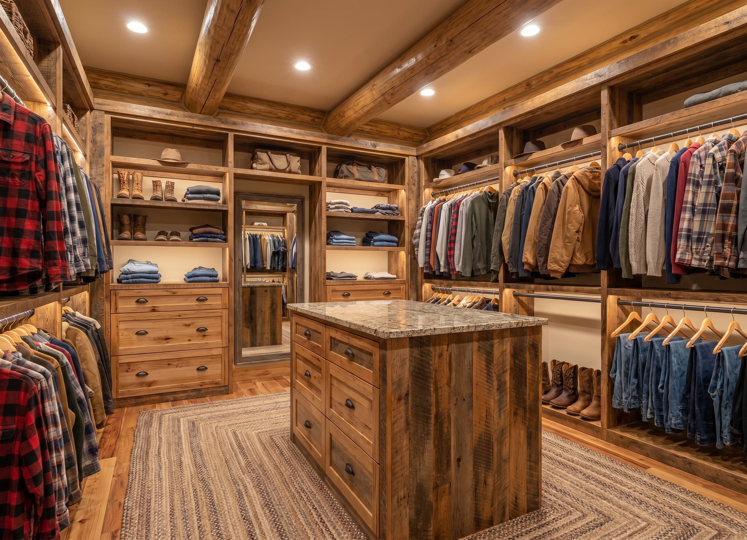 Downstairs Master Closet with illuminated open timber storage and a central cabinet island