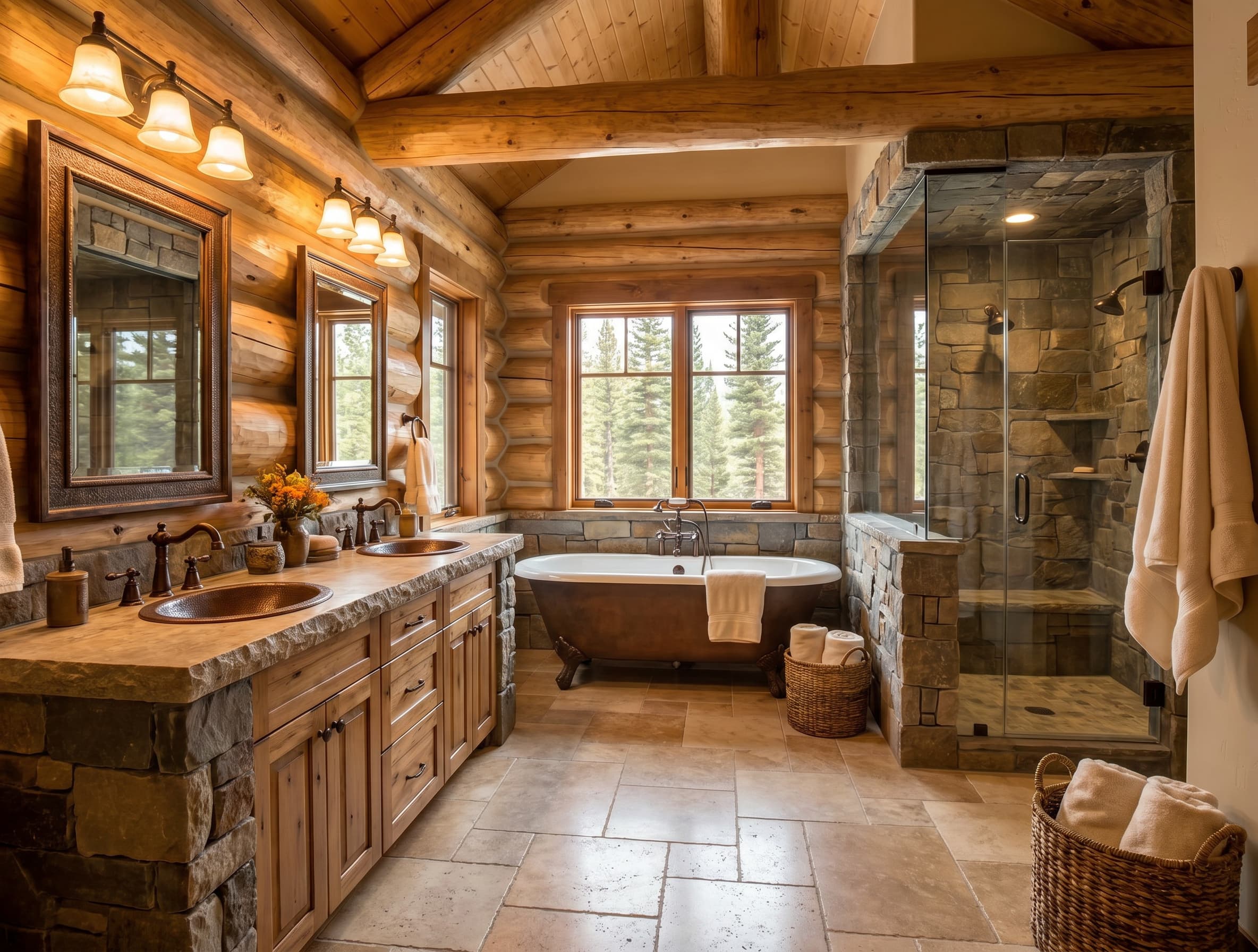 Upstairs Master Bathroom with a double timber vanity, freestanding tub, and stone-lined shower