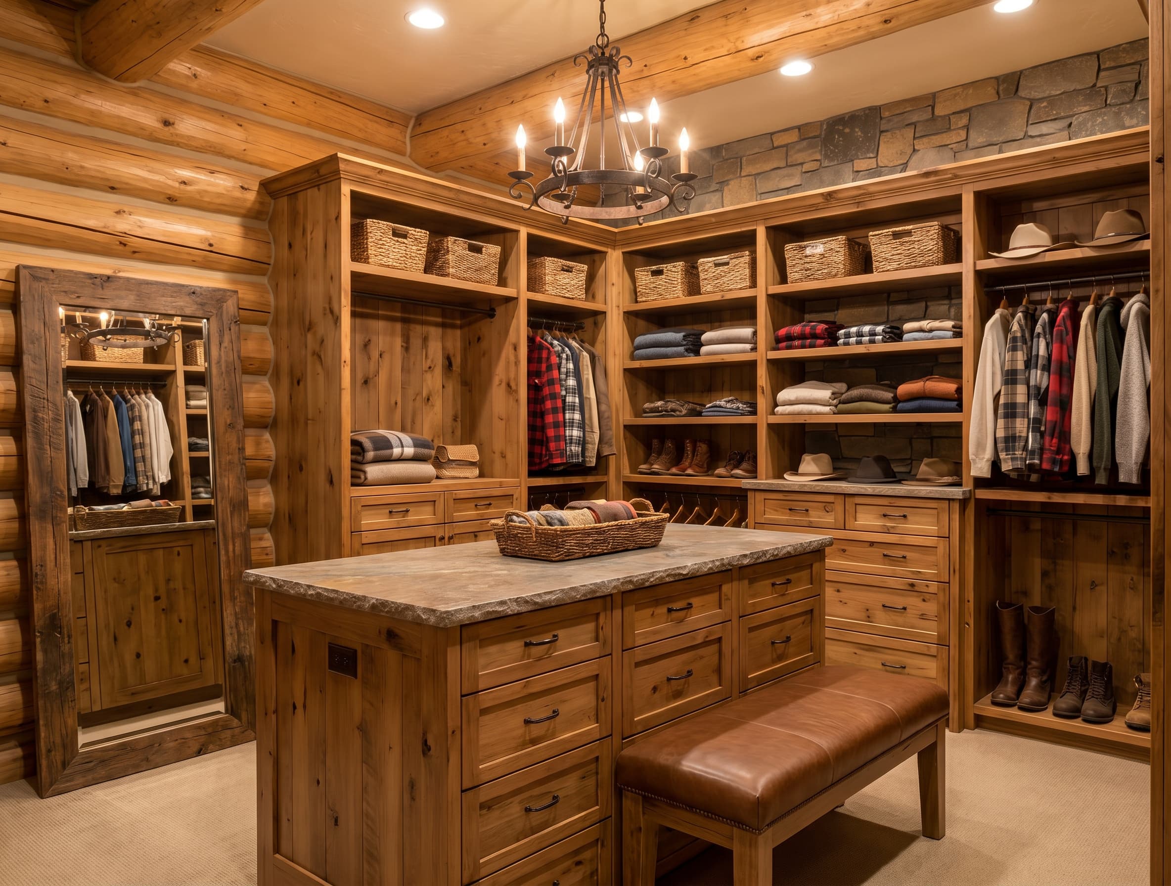 Upstairs Master Closet with open timber storage, a central cabinet island, mirror, and dressing bench