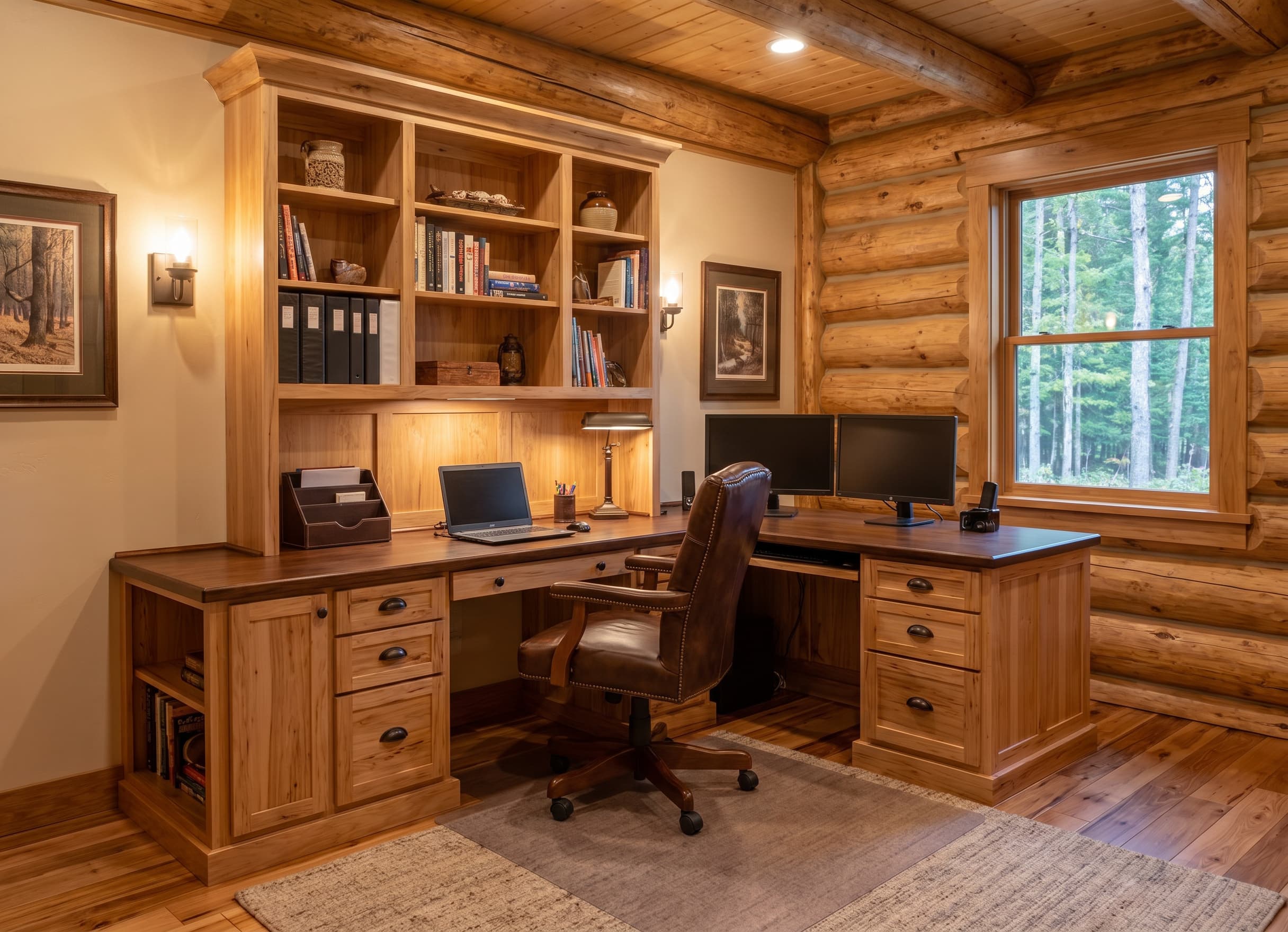 Upstairs office with a built-in timber desk, shelving, leather chair, and forest-facing window