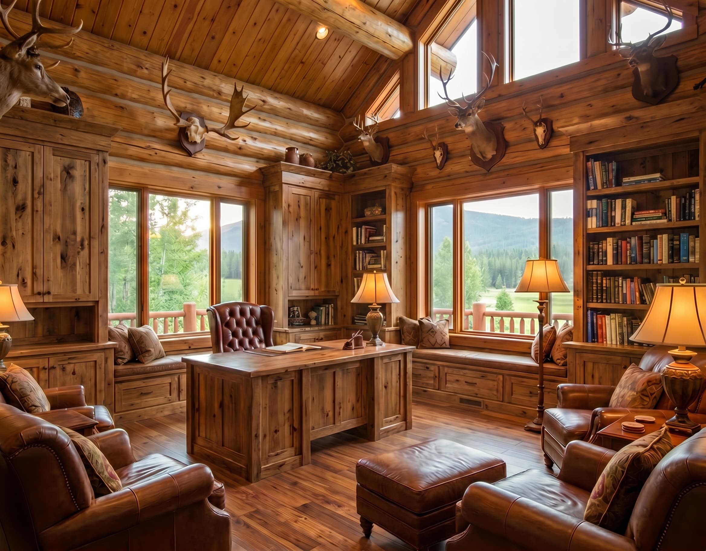 Upstairs library with a timber desk, bookcases, window seats, and leather reading chairs