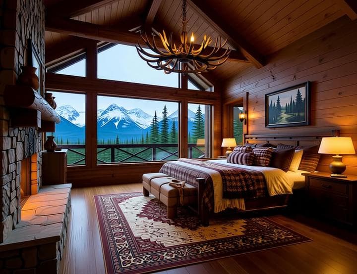 Luxury wilderness lodge bedroom with handcrafted wood furniture